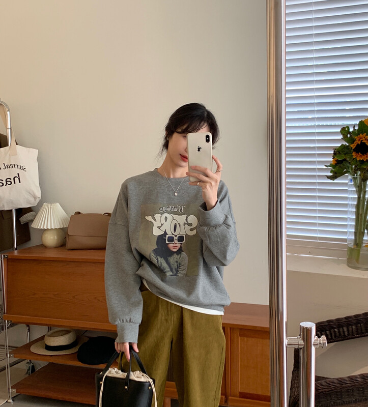 【Y.JIA Yijia】Casual Lazy Round Neck Versatile Loose Printed Long Sleeve Sweater 8636