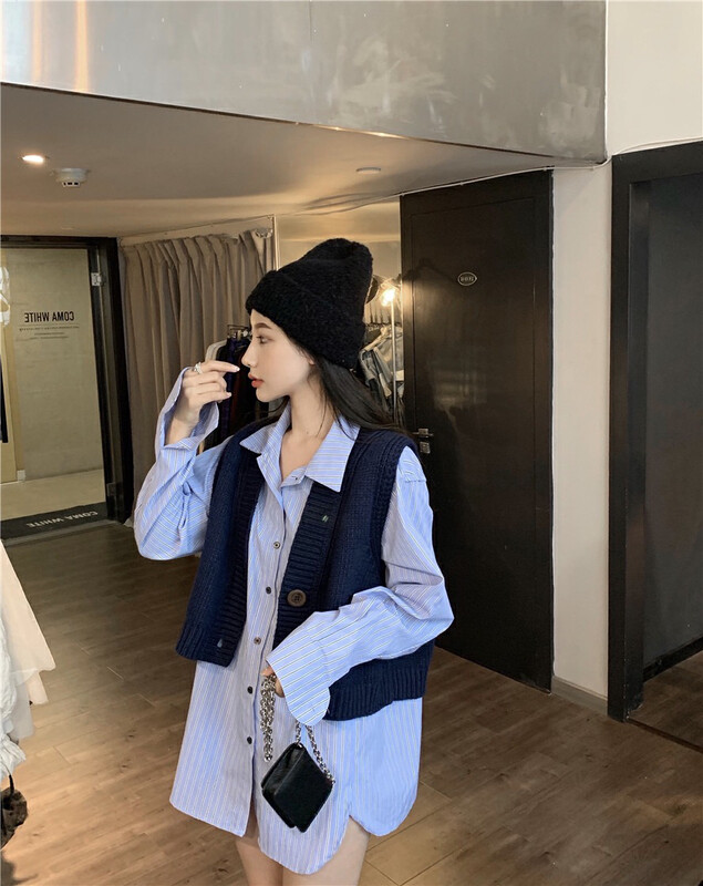 [Y.JIA Ijia] Casual Korean knitted vest all-match loose striped shirt suit top two pieces 5070