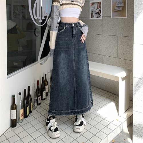 Real shot mid-length denim skirt women's  autumn and winter new high-waisted slim A-line small hip skirt