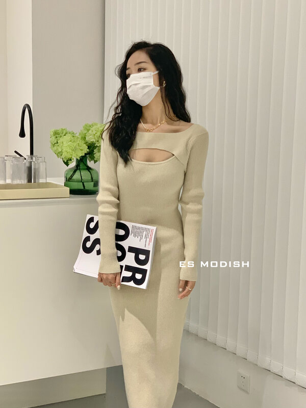 Autumn is new!【ES MODISH】Pure desire style hollow knitted dress OPS1897# CQW