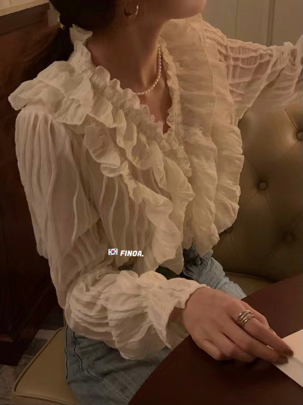 Original price 156.66! 【FINOA】Korean sweet and simple double layer lotus leaf collar buttoned solid color shirt 10772# JHY