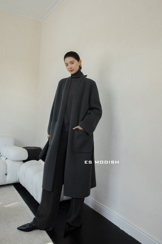 New in winter! [ES MODISH] Fashionable temperament long wool coat (with belt) (including 90% wool, 10% cashmere) JK2010B# CQW