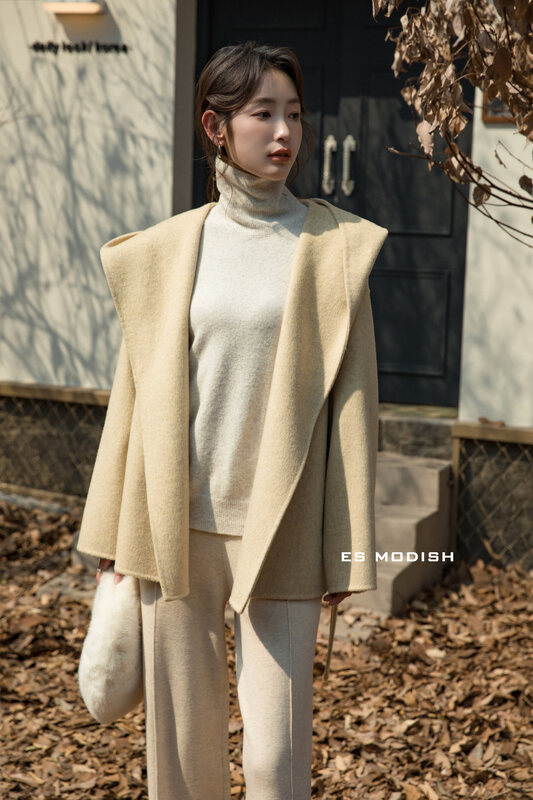 【ES MODISH】Temperament high-quality hooded wool coat (with belt) (including 100% wool) JK2043A# CQW