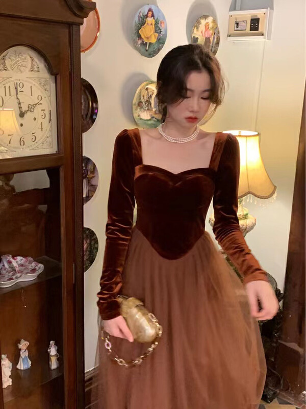 [ARE STUDIO] Elegant square neck velvet stitching dress 92372# OZQ