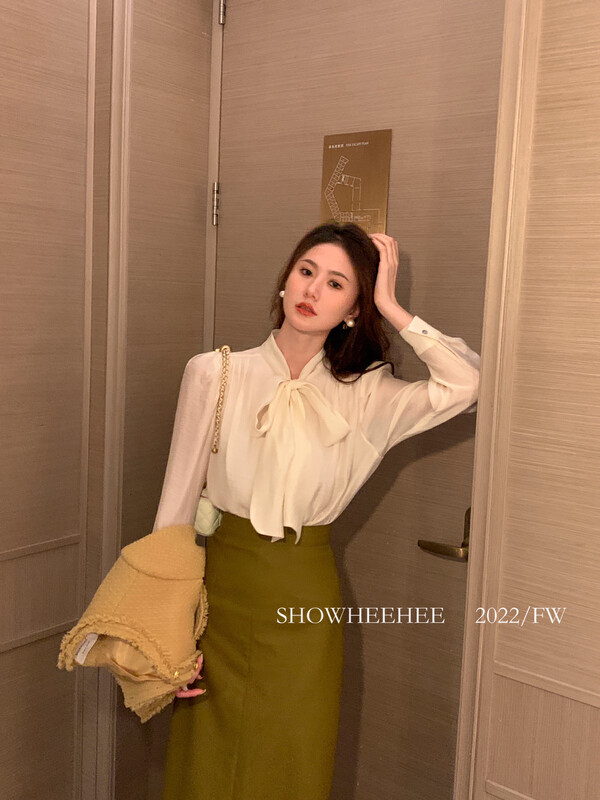 [Xiu Xixi] Elegant and elegant commuter style lace-up puff sleeves all-match shirt 9328# JHY