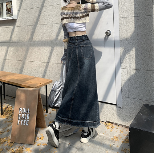 Real shot mid-length denim skirt women's  autumn and winter new high-waisted slim A-line small hip skirt