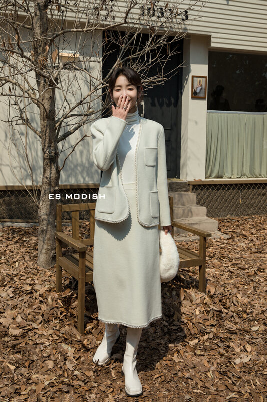 【ES MODISH】Temperament Beaded Edge Wool Jacket + Slim Skirt Two Piece Set (100% Wool) SET2019A# CQW