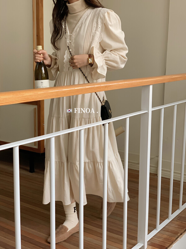 【FINOA】Simple Lace Lace Loose Solid Color Layered Dress 10905
