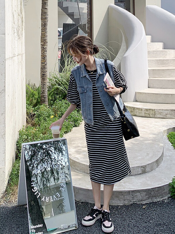 [Y.JIA Ijia] Korean simple denim vest loose striped dress two-piece suit YS1-6090