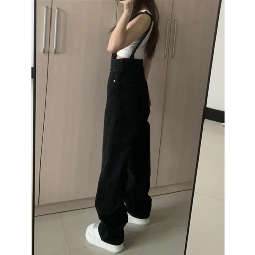High street ins retro black denim overalls women's spring and autumn new high waist loose straight mopping pants trendy