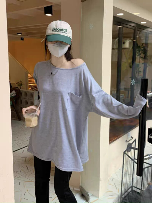 Original price 43.99! [Y.JIA Ijia] Casual pocket one-shoulder long-sleeved T-shirt 5073