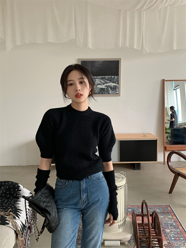 [Y.JIA Yijia] Temperament, casual, slim, and versatile round neck sweater (with sleeves) 762