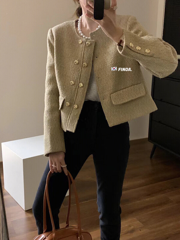 【FINOA】Exquisite Small Fragrance Double Breasted Round Neck Temperament Solid Color Short Jacket 10806# JHY