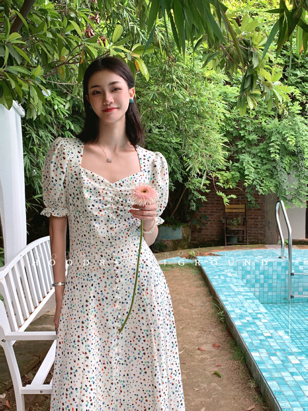 【Fire HOODRESS】Korean Small Floral Button Slit Dress 22147# JHY