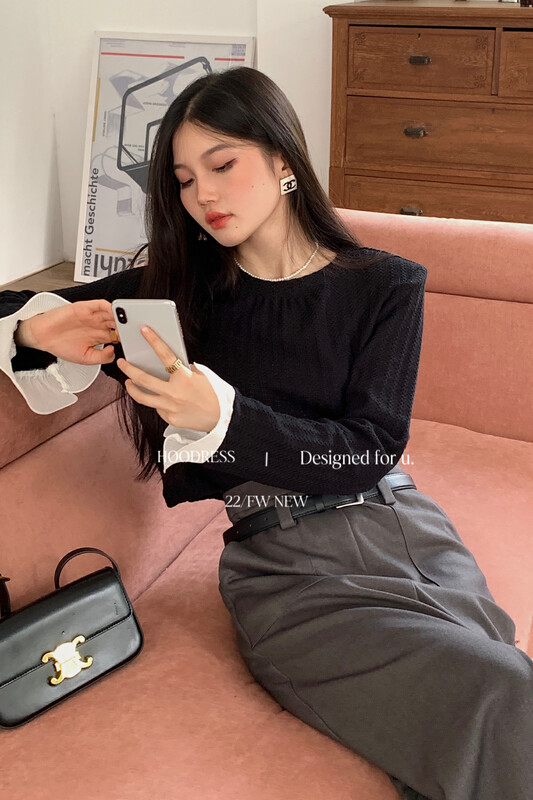 New in winter! [Fire HOODRESS] Korean version of the sweet stitching lotus leaf sleeve design warm sweater 22529# JHY