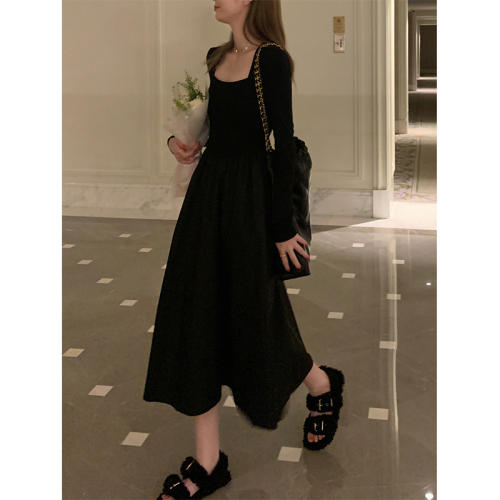 Original fabric high-quality workmanship knitted stitching dress autumn slim fit bottoming mid-length skirt