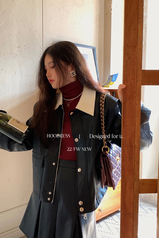 【Fire HOODRESS】Design Contrast Color Collar Padded Short Jacket Leather Jacket 22488# JHY