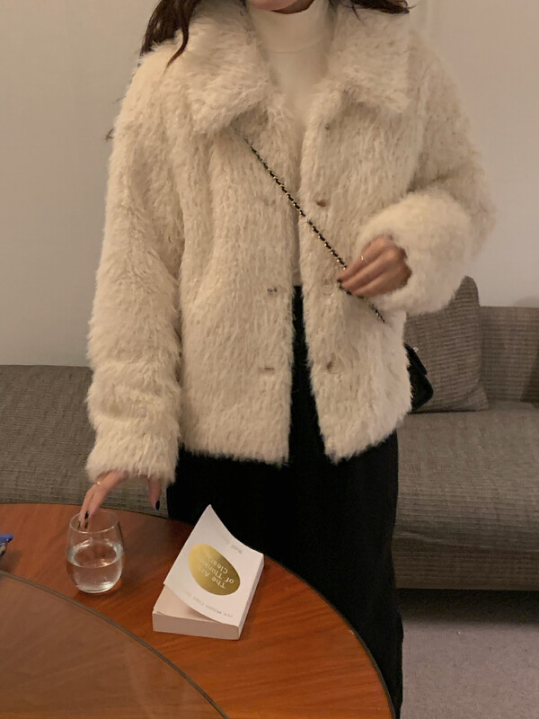 [FINOA] Plush small fragrance monochrome lapel casual short jacket olive1421