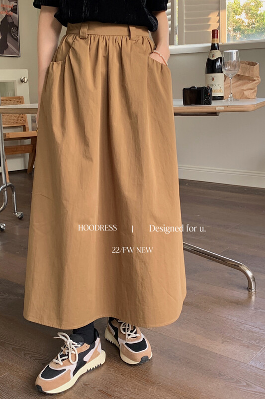 [Fire HOODRESS] Korean version of simple pocket design fluffy mid-length high waist skirt 22378# JHY