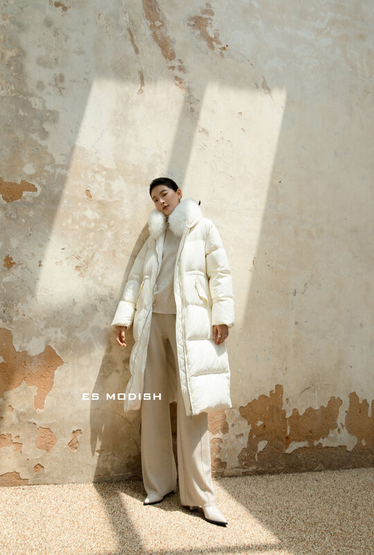 【ES MODISH】Korean style fashion temperament warm down jacket (with detachable fur collar + belt) (90% white duck down) JK2064# CQW