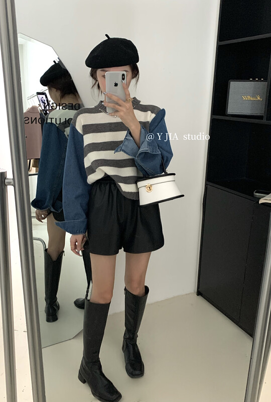 【Y.JIA】Design Contrasting Color Stripe Stitching Denim Short Knitted Sweater (with Detachable Chain) YS1-728