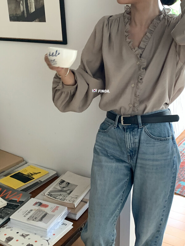 Original price 105.99! [FINOA] Korean temperament high-grade fungus edge V-neck slimming single-breasted simple shirt 10742# JHY