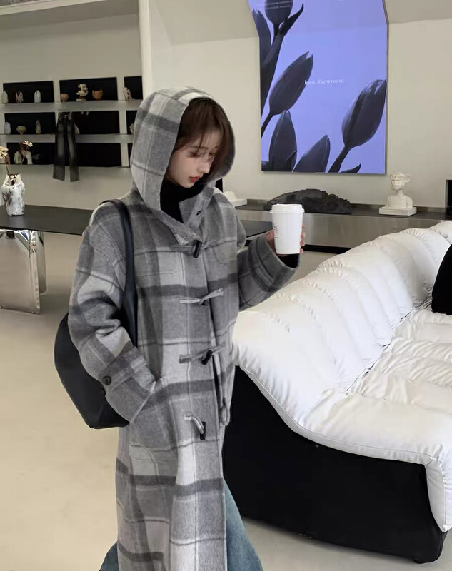 [Y.JIA Ijia] hooded plaid long wool coat coat 55005