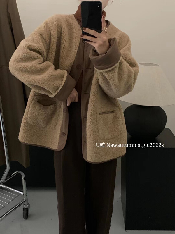 [U grain] Contrast color thickened lamb wool warm short coat 877# FHX