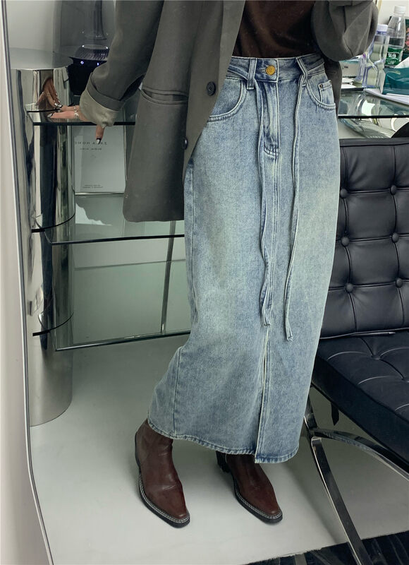 【T-PLATFORM】Korean style casual slit design fleece denim skirt (with belt) V8989# CQW