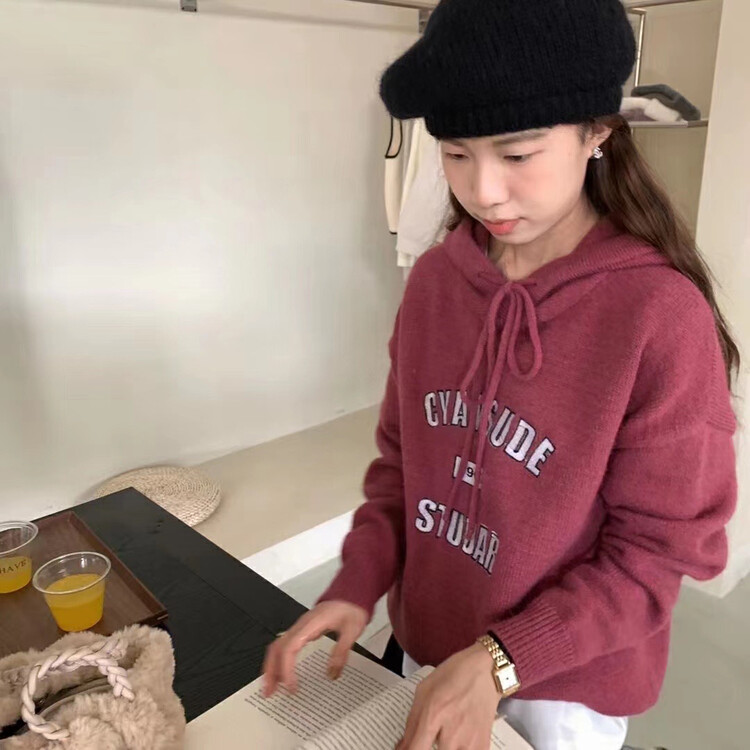 [Y.JIA Ijia] Korean version of the simple shirt hooded letter embroidered loose sweater sweater YS1-780
