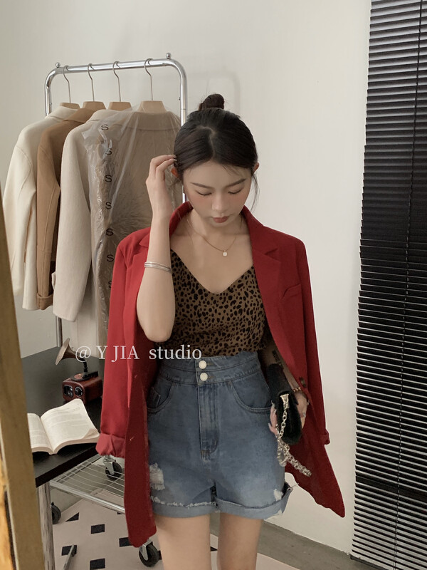 Original price 98.99! [Y.JIA] Solid Color Suit Leopard Print Sling Denim Shorts Suit (Three Pieces) 5501# FHX
