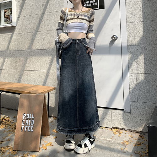 Real shot mid-length denim skirt women's  autumn and winter new high-waisted slim A-line small hip skirt