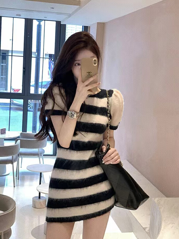 【ARE STUDIO】 Design striped knitted slim fit dress (with sleeves) 92339# OZQ