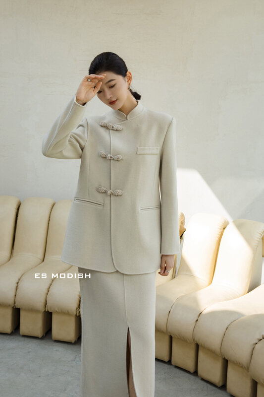 【ES MODISH】Wool jacket with small stand-up collar with disc buttons (Guofeng disc buckle small stand-up collar) JK2014A# CQW