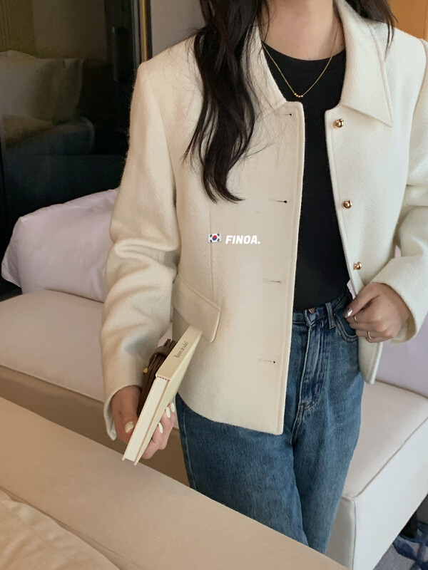 [FINOA] Korean style fashion commuter metal buckle loose lapel short jacket 1328
