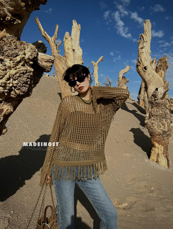 【Osha MADEINOST】Early autumn new round neck mesh hollow hem tassel design loose pullover sweater S7011