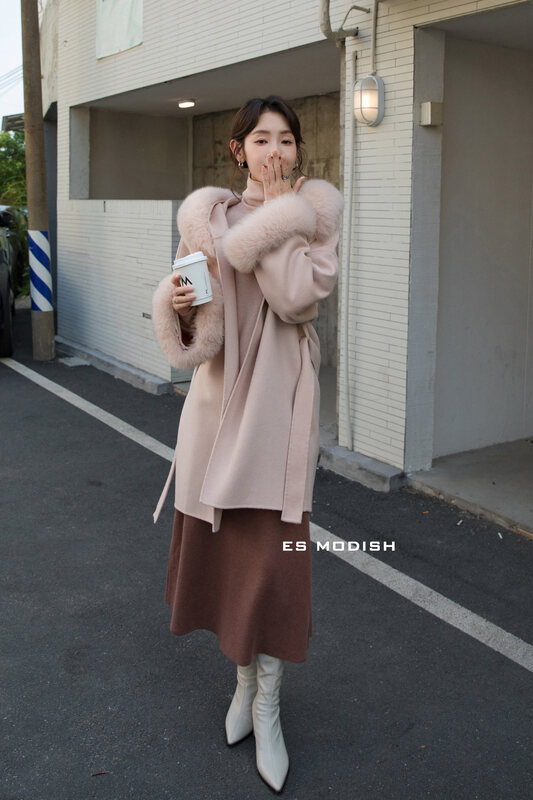 【ES MODISH】Aristocratic temperament all-match wool coat (with belt) (removable real fur fox fur collar, including 100% wool) JK2034B# CQW