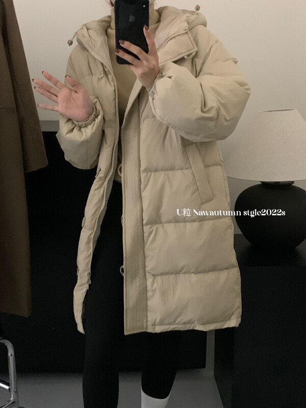 [U grain] Korean style half-button design mid-length down jacket 6007