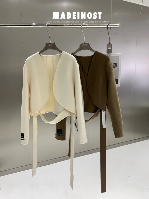 Original price 281.87! [Osha MADEINOST] autumn and winter new belt cardigan double-sided cashmere wool coat containing 90 wool YS-85272