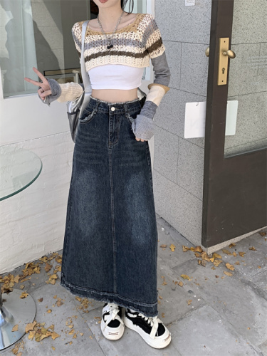 Real shot mid-length denim skirt women's  autumn and winter new high-waisted slim A-line small hip skirt