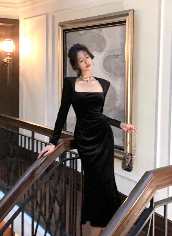 New in winter!【ARE STUDIO】French temperament square neck velvet dress 92228# OZQ