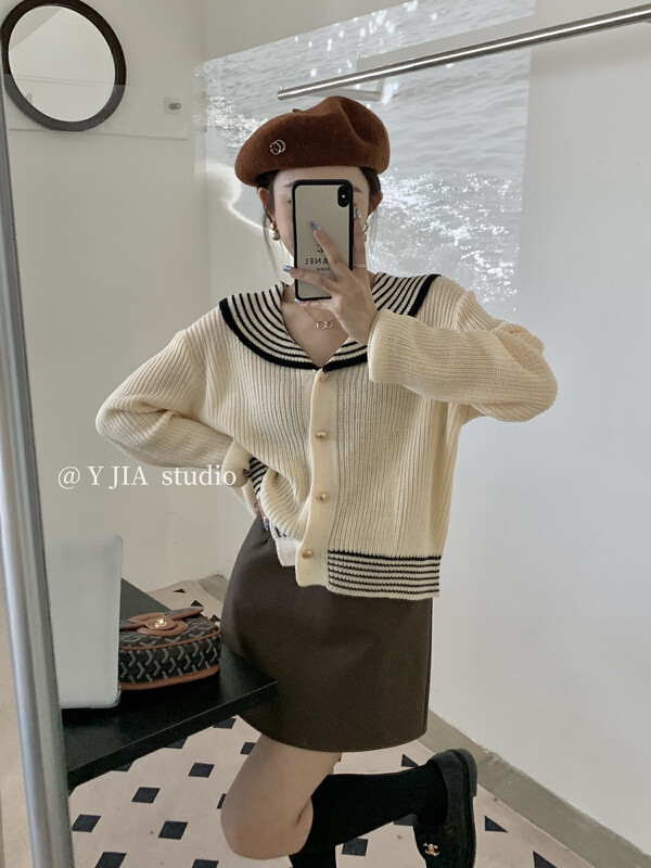 [Y.JIA Ijia] College style age-reducing navy collar knitted cardigan sweater YS1-603