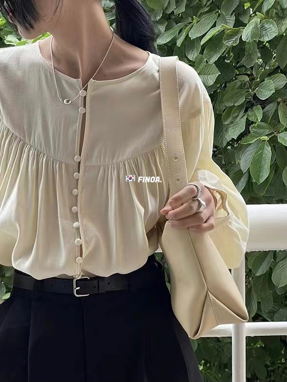 【FINOA】Korean version of niche feminine design shirt shirt (OLIVE) 1311# JHY