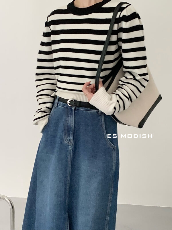 New in autumn! [ES MODISH] Versatile striped round neck pullover warm sweater (including 45% wool) BL1905# CQW