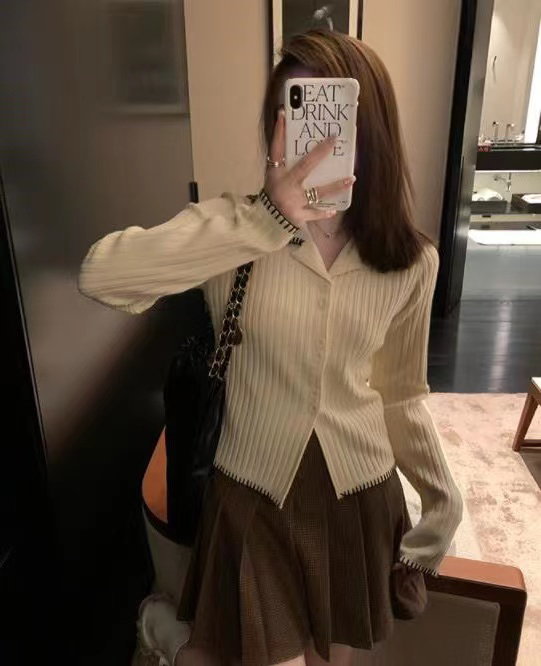 【ARE STUDIO】Simple and versatile shell line contrast color knitted cardigan 92371# OZQ
