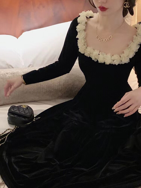 【ARE STUDIO】French square neck stitching velvet dress 92322# OZQ