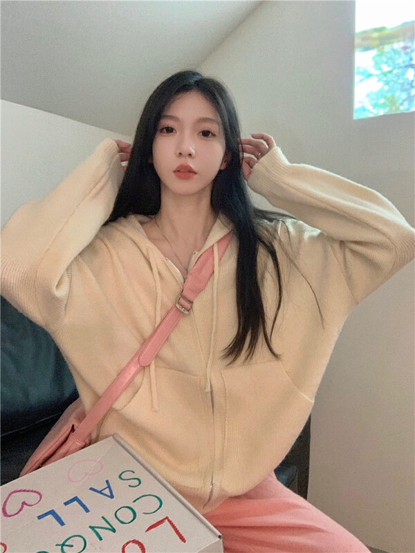 【Y.JIA】Simple casual loose hooded zipper sweater 608