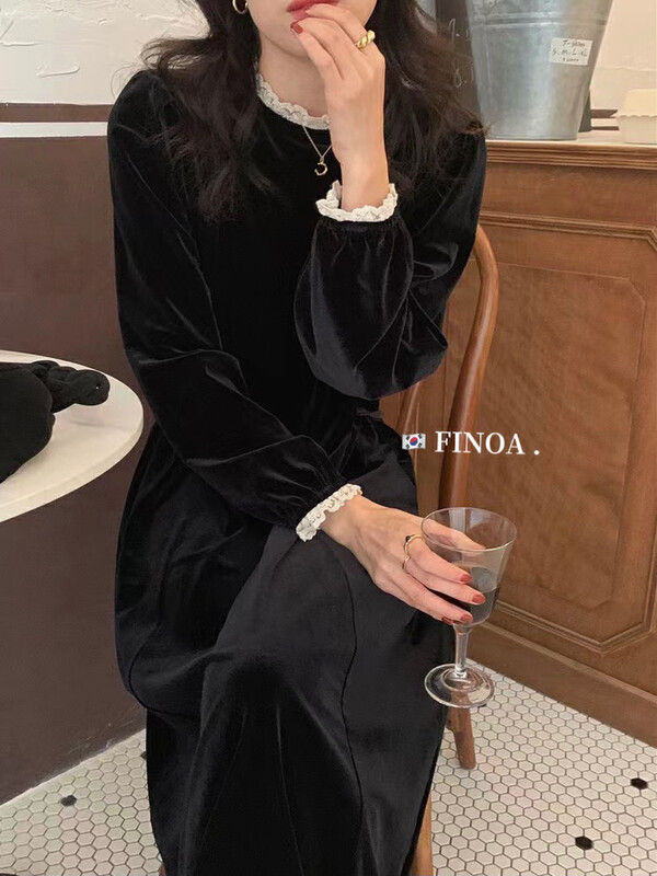 【FINOA】Elegant and feminine lace edge suede solid color loose dress 10897
