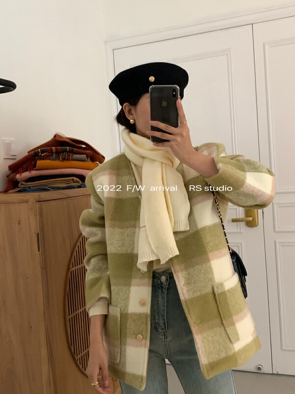 【RS】Retro plaid wool warm down jacket (content 90% white duck down) LL0299# FHX