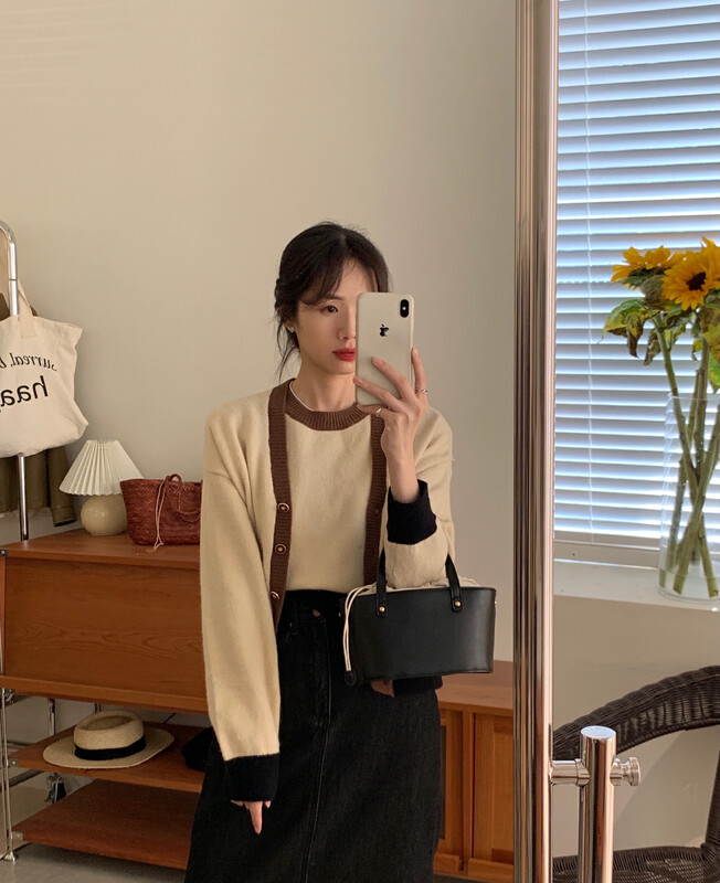 [Y.JIA Yijia] Korean style temperament contrast color knitted cardigan slimming round neck vest suit 778